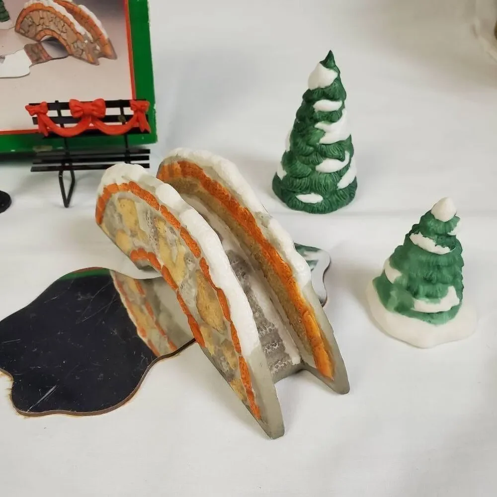 Vintage 1991 House of Lloyd Christmas Village Accessories Set – Bridge, Trees, B
